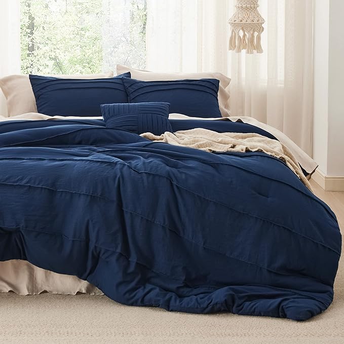 Bedsure Twin Comforter Set - 3 Pieces Pinch Pleat Bed Set, Navy Blue Boho Bedding for All Season, 1 Soft Comforter, 1 Pillowcase, 1 Decorative Pillow