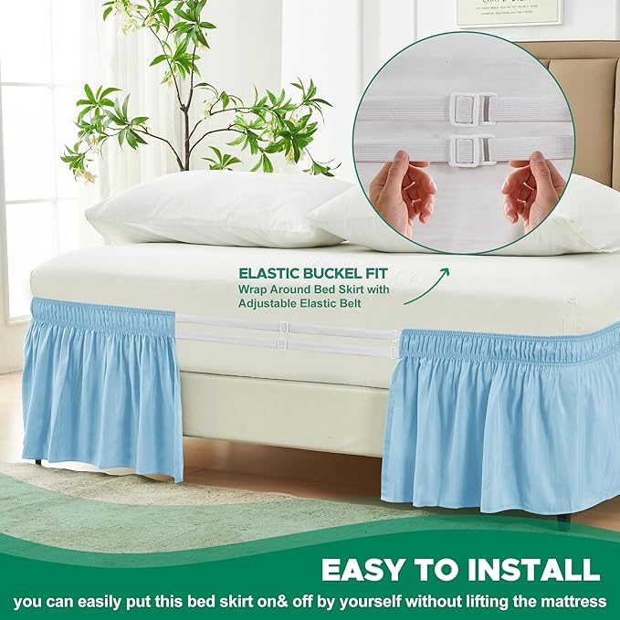 Biscaynebay Wrap Around Bed Skirts for Twin & Twin XL Beds 15" Drop, Light Blue Adjustable Elastic Dust Ruffles Easy Fit Wrinkle & Fade Resistant Silky Luxurious Fabric Machine Washable