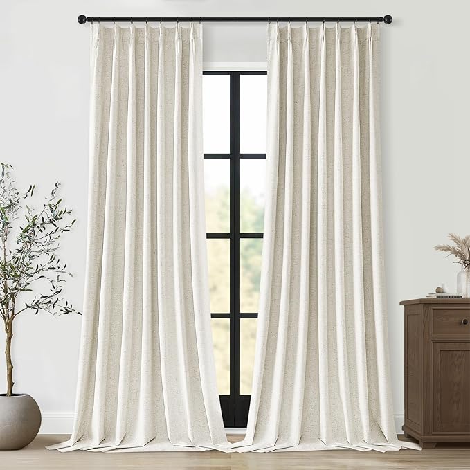 Topfinel 102 Inches Long Custom Blackout Linen Curtains, Pinch Pleated Noise Cancelling Curtains with Pin Hooks for Traverse Rods, Burlap Viral Drapes 2 Panels for Living Room Master Bedroom