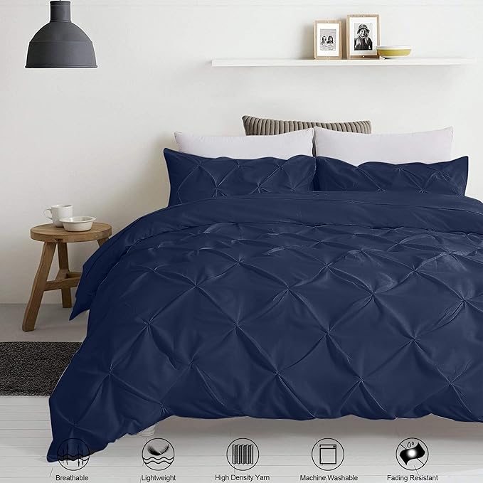 Pinch Pleated Duvet Cover Set 100% Cotton 3PC Twin Size 68x90 Duvet Cover Set, Decorative Pinch Design Navy Blue Duvet Cover with Matching Pillow Case
