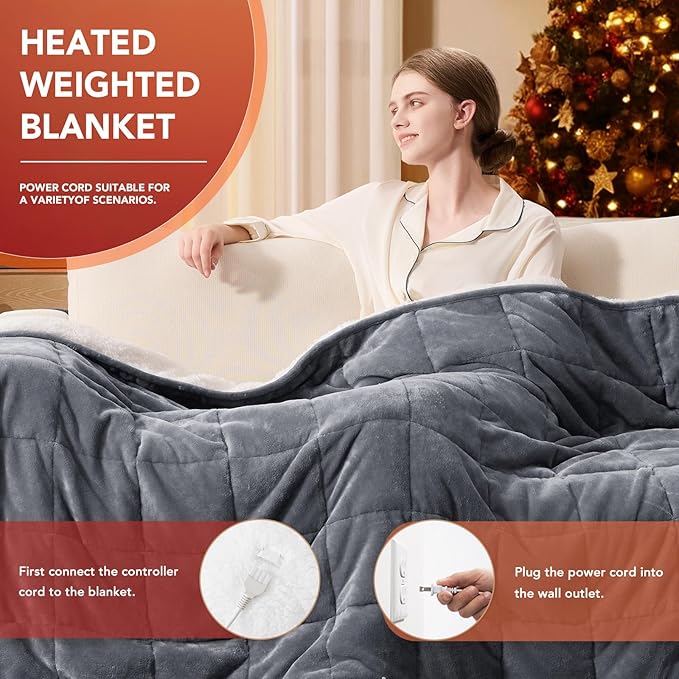 Homemate Heated Weighted Blanket for Adults - 62"x84" 15lbs Electric Throw Fast Heating Heavy Blanket 1/2/4/6/8 Hour Auto Off 10 Heat Levels Over-Heat Protection Soft Flannel Sherpa