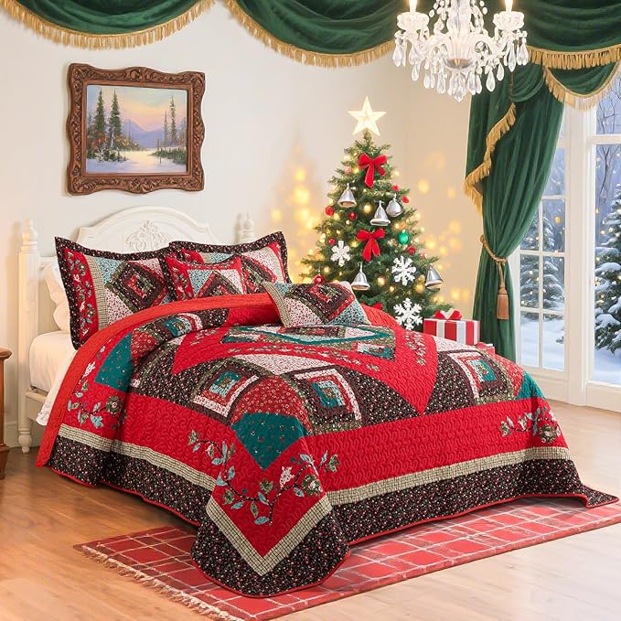 BEDIFANY Christmas California King Size Quilt Set - Cotton Bedspreads Oversized King for Bed - Lightweight Farmhouse King Quilt Bedding Sets for All Seasons, 3 Pieces