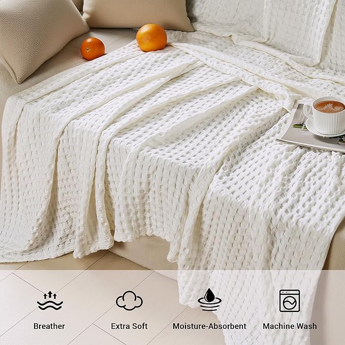 Aganear Waffle Blanket - Lightweight Breathable Summer Blanket of 50% Cotton and 50% Rayon Derived from Bamboo for Hot Sleepers Luxury Throws for Bed, Couch and Sofa,White,50x70 Inches