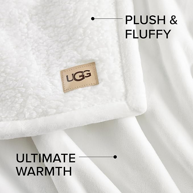 UGG Ariana King/California King Blanket Fleece Fluffy Reversible Soft Fuzzy Bedding Cozy Plush Warm Oversized Blanket Machine Washable Bedroom Decor for Big Couch Bed, 110-inch x 90-inch, White Snow