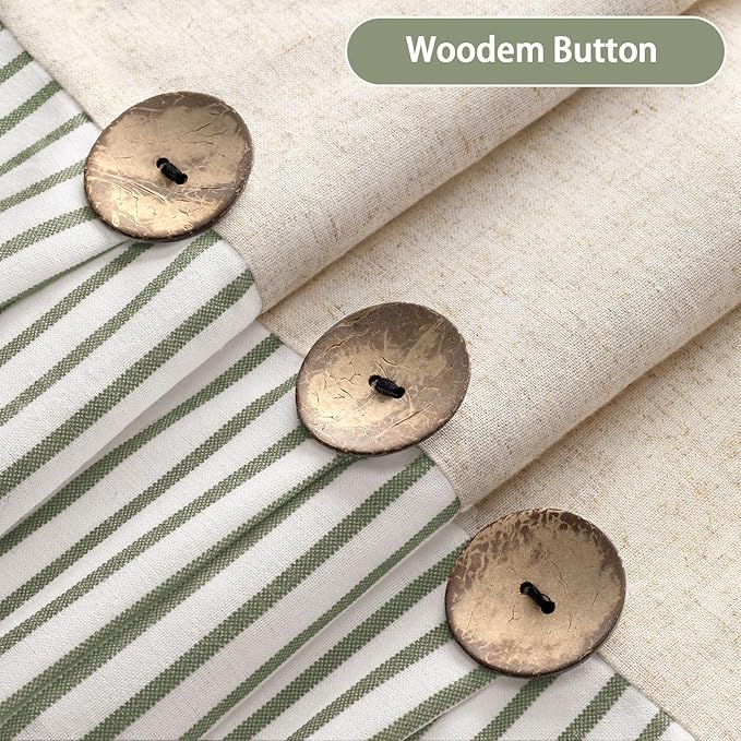Farmhouse Shower Curtain Linen Button Woven Fabric Country Rustic Western, Pleated Green Stripe 72" W x 72" L