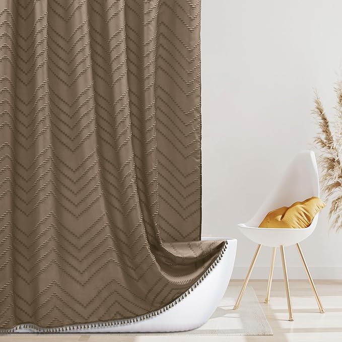 Extra Long Boho Shower Curtain, Woven Fabric 84 in Khaki, 72 x 84, Tufted Chevron Striped Modern Chic Textured Minimalist Bathroom Shower Curtain