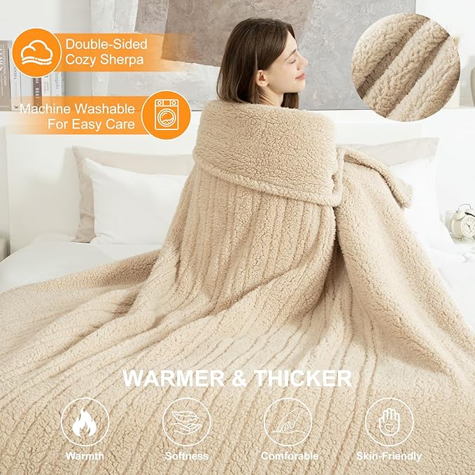 Heated Blanket Full Size 72"X84" Beige - Soft Double Sided Sherpa Electric Blanket Full Size with LED Display, 6 Heating Levels & 10 hrs Timer, Machine Washable & Fast Heating, Gift for Women