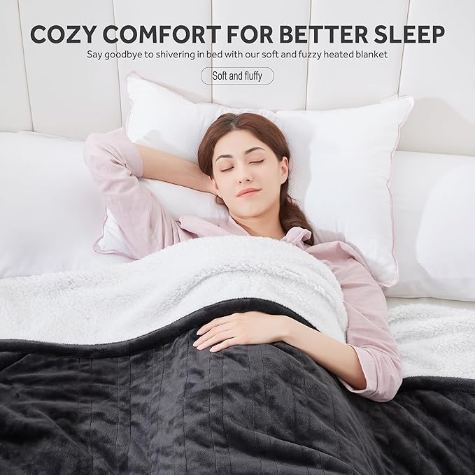 Heated Blanket Electric Blanket Queen Size Soft Flannel Sherpa, 6 Heat Levels Fast Heating, 2 to 10 Hours Auto-Off Detachable Controller Machine Washable, Grey 84"x90"