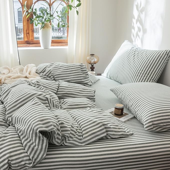 FOSSA Striped Duvet Cover Set 100% Washed Cotton Linen Feel Super Soft Breathable Cozy 3 Pieces Bedding Sets Heathered Green Classic Stripes Queen