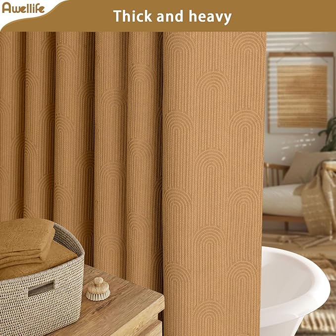 Awellife Boho Shower Curtains for Bathroom Cotton Fabric Touch Terracotta Bohemian Mid Century Minimalist Arch Brown 72" L X 72" W