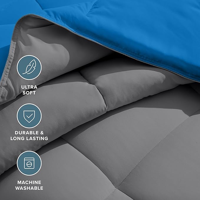 Bare Home Full Comforter - Reversible Colors - Goose Down Alternative - Ultra-Soft - Premium 1800 Series - All Season Warmth - Bedding Comforter (Full, Grey/Medium Blue)