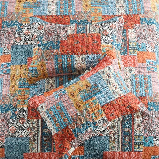 ENASAL Cotton Bedspread Quilt Bedding Sets Reversible Coverlet Comforters Vintage Bohemian Patchwork Pattern Bedspread for All Season, King Size