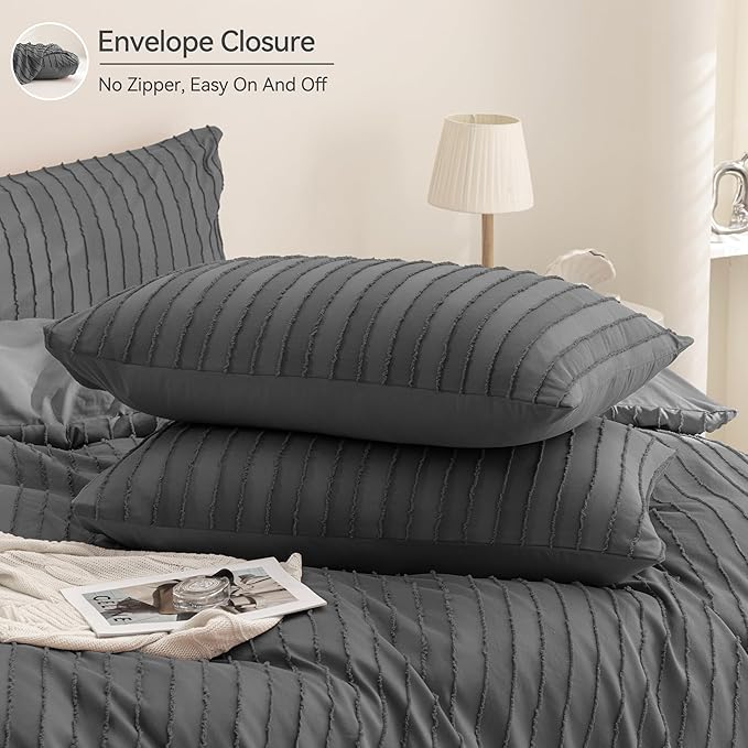 JELLYMONI Duvet Cover King Size Dark Grey - 3PCS Boho Striped Duvet Cover Set Polyester Tufted Bohemian Textured Comforter Cover 104×90in with Corner Ties & Zipper and 2 Pillowcases