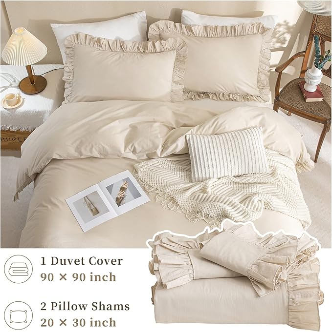 QSH Washed Cotton Queen Duvet Cover Set Ruffle Duvet Cover Linen Textured Farmhouse Shabby Vintage Chic Bedding Comforter Cover 3 Pieces Aesthetic French Country Queen Bed Set