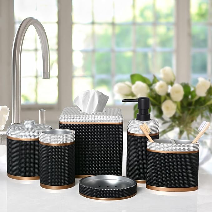 Decozen Bathroom Accessories Set 6Pcs – Soap Dispenser, Toothbrush Holder, Tumbler, Soap Dish & Cotton Swab Jar – Modern Bathroom Decor, Bath Set for Christmas Decor, Seiler