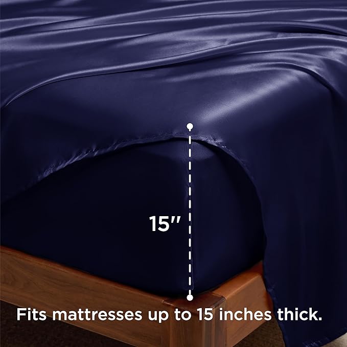 Bedsure Satin Sheets King Size - 4 Piece Silky Bedsheets with 15 Inches Deep Pocket Fitted Bedsheet,1 Flat Sheet, 2 Satin Pillowcases, Good for Hair & Skin (King, Navy)