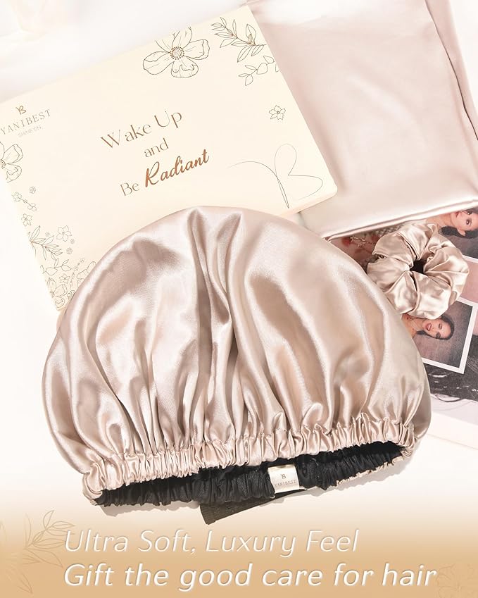 YANIBEST Adjustable Silk Bonnet Double Layer Satin Bonnet Hair Bonnet for Sleeping Bonnets for Women Hats Curly Natural Hair, Champagne