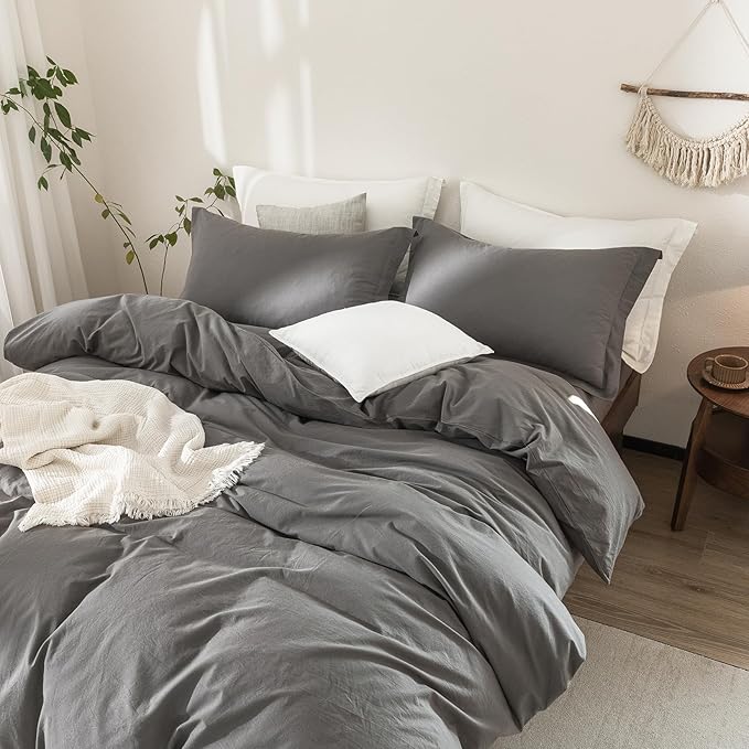 Dark Grey Duvet Cover King Size Bedding Set Cover 100% Washed Cotton Duvet Cover with Zipper Closure and 2 Pillowcases, 104inch x 90inch