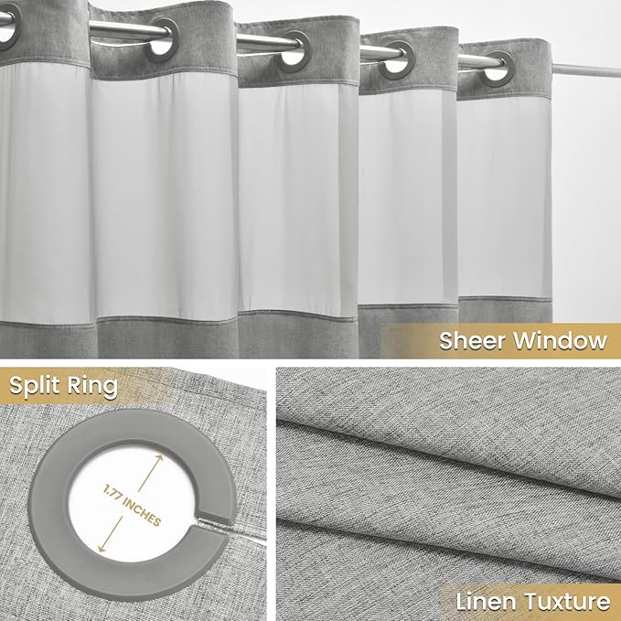 No Hook Shower Curtain with Snap in Liner, Polyester Textured Shower Curtain with Liner Set, Waterproof Washable Hotel Style Shower Curtains for Bathroom, 71Wx77H, Grey