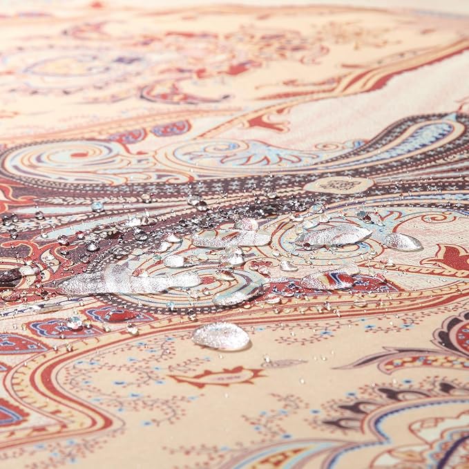 Extra Long Shower Curtain 72x84 Inches, Water Repellent Fabric with Gold and Brown Baroque Pattern, 12 Metal Grommets and Weighted Hem