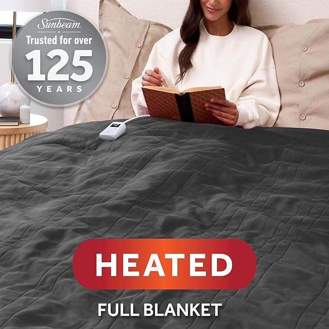 Sunbeam Electric Royal Luxe Microplush Heated Blanket, 12 Heat Settings, 12-Hour Auto Shut-Off, Fast Heating, Warm & Cozy, Machine Washable, Night Fog Color, Full (84" x 72")