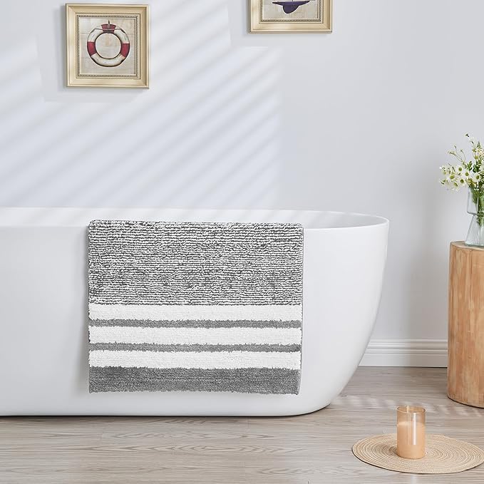 CozeCube Bath mats for Bathroom Non Slip, Fluffy Absorbent Microfiber Bath mat Washable, Aesthetic Bathroom Rugs, Large Grey Striped Bath mat, Grey, 36" x 24"