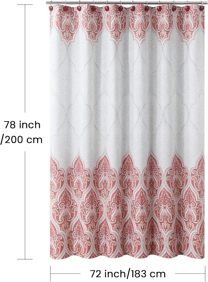 Long Shower Curtain 78 Inches, Water Repellent Brushed Microfiber with Terracotta & Gray Bohemian Print, 12 Metal Grommets & Weighted Hem, 72x78 Inches