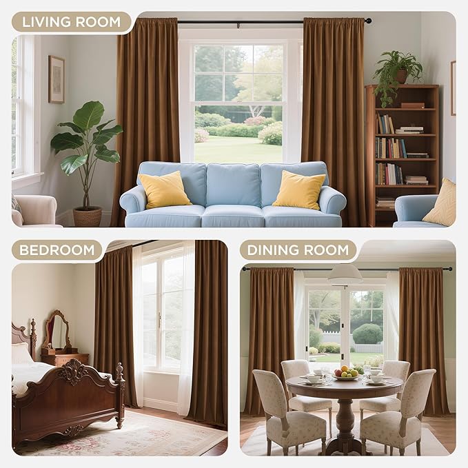 Joydeco Golden Brown 100% Blackout Curtains 108 Inch 2 Panels, Luxury Thermal Brown Velvet Curtains for Bedroom Living Room, Soundproof Blackout Window Drapes, Rod Pocket & Back Tab (52W x 108L)