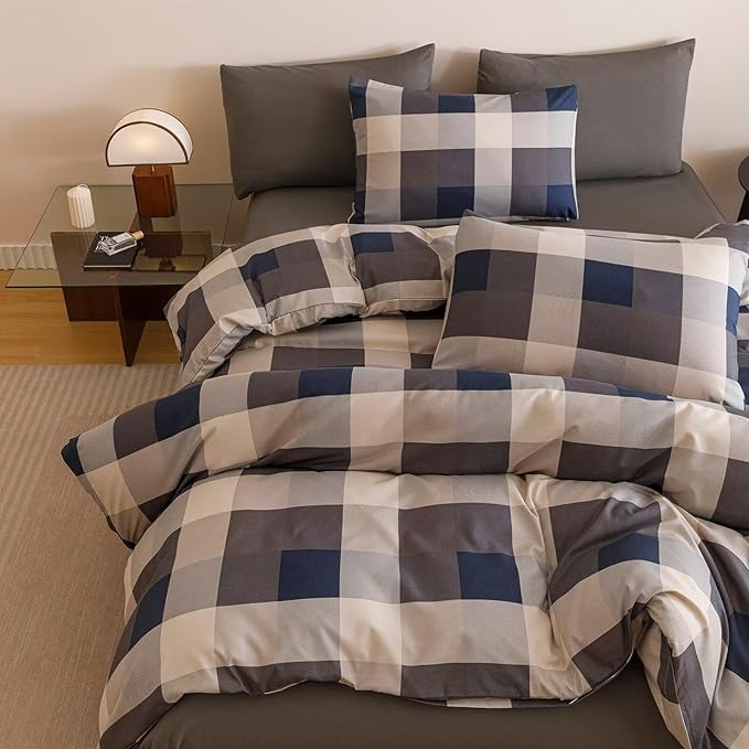 Cottonight Checkered Blue Comforter Set Full Gingham Grid Bedding Set Navy and Khaki Grid Comforter Fluffy Soft Bedding Set Kids Teens Full Comforter with 2 Pillowcases