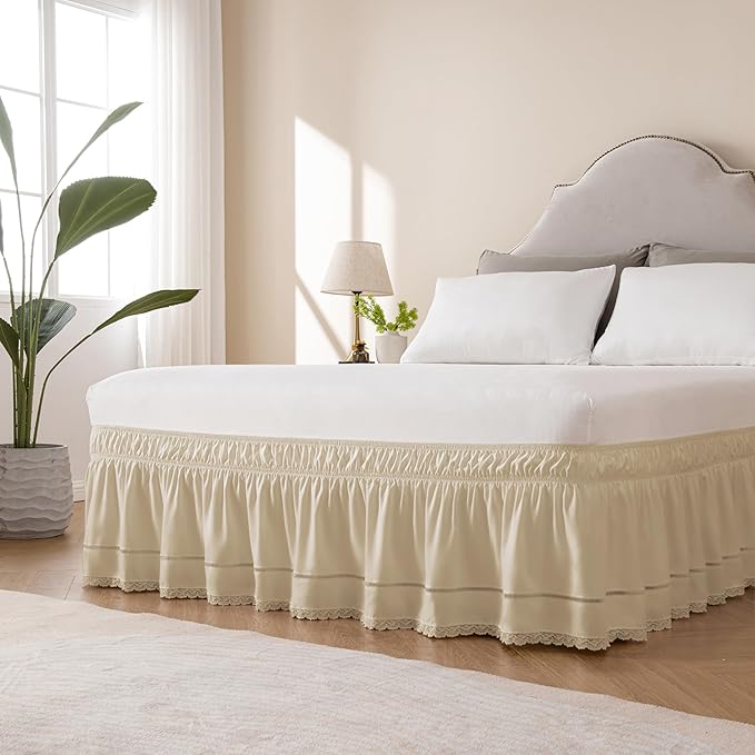 MIYE Wrap Around Ruffled Lace Bed Skirt, Elastic Dust Ruffle with Adjustable Belts, Easy to Put On, Bed Frame Cover, Machine Washable (Floral Lace/Light Beige, King/Queen-15 Drop)