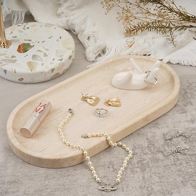 Koville Italian Travertine Tray, 12"x6" Vanity Decorative Marble Tray for Countertop, Catchall for Perfume, Candles, Jewelry Dish
