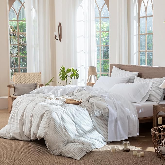 MooMee Bedding Sheet Set 100% Washed Cotton Linen Like Textured Breathable Durable Soft Comfy (Solid Bright White, California King)