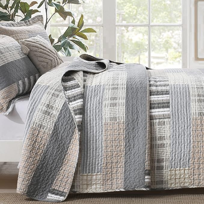 Y-PLWOMEN Quilts Queen Size - 100% Cotton Brown Grey Queen Quilt Farmhouse Plaid Quilted Bedspread, 3 Pieces Lightweight Reversible Queen Size Quilt Bedding Set for All Season