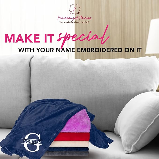 Personalized Passion Blankets with Custom Name & Initial Monogram - Custom Blanket for Him and Her - Super Soft & Cozy Fleece - 80x60 Inch - Navy