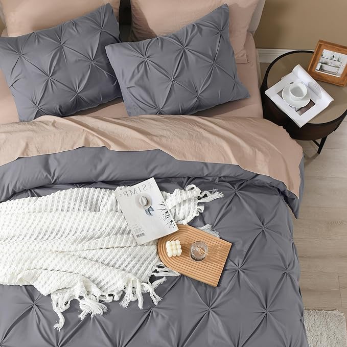 Litanika Dark Grey California King Pinch Pleat Duvet Cover, 3 Pieces Pintuck Cover Soft Microfiber Bedding Set with Zipper Closure & Corner Ties(1 Duvet Cover, 2 Pillowcases)
