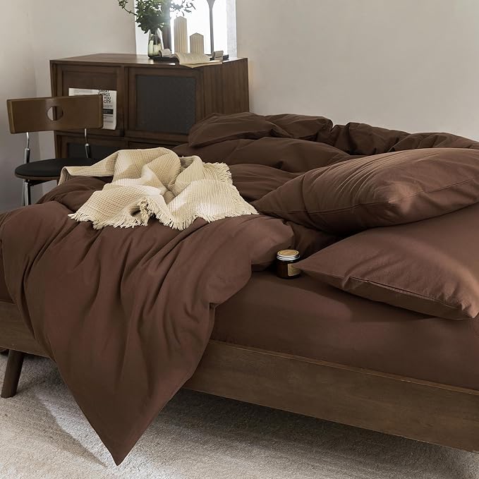 FOSSA Duvet Cover Set 100% Washed Cotton Linen Feel Super Soft Breathable Cozy 3 Pieces Bedding Sets Solid Cocoa Brown Oversized Queen