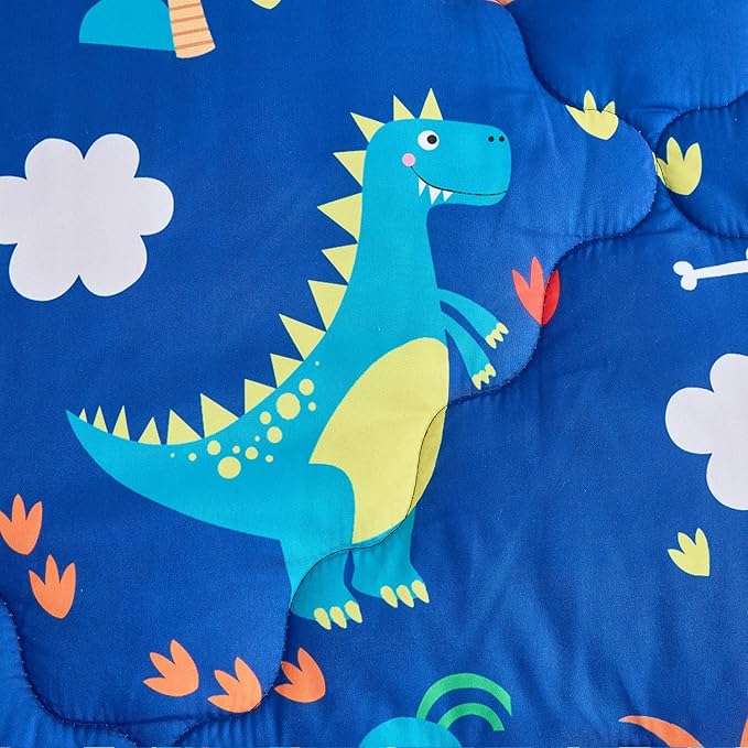 Wajade 7 Piece Kid Boys Dinosaur Comforter Set Twin Size 3D Blue Dinosaur Wild Park Jungle Print Bedding Set with Comforter, Sheet Set, Pillowcase and Sham