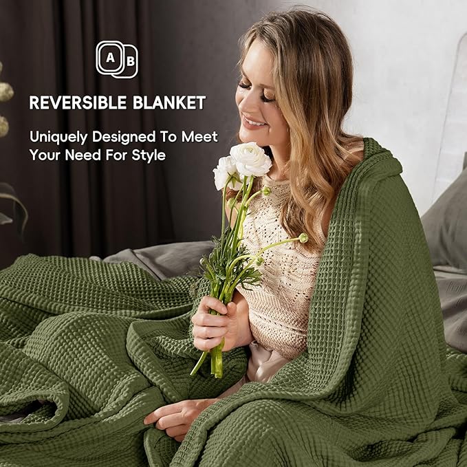 PHF 100% Cotton Waffle & Muslin Blanket King Size, Soft Breathable Luxury 400GSM Versatile Reversible Bedding for Bed, Great for Layering in Cold Weather, Home Decor Gift, 104" x 90", Olive Green