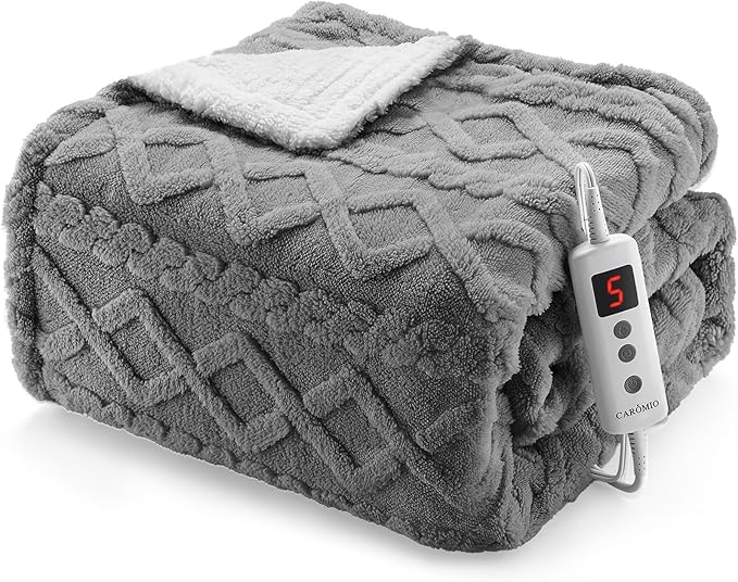 CAROMIO Heated Throw Blanket - Thick Tufted Sherpa Electric Blanket Throw with 10 Heating Levels and 10 Time Settings, ETL Certified Machine Washable Fast Heating Blanket Throw 50"×60", Grey