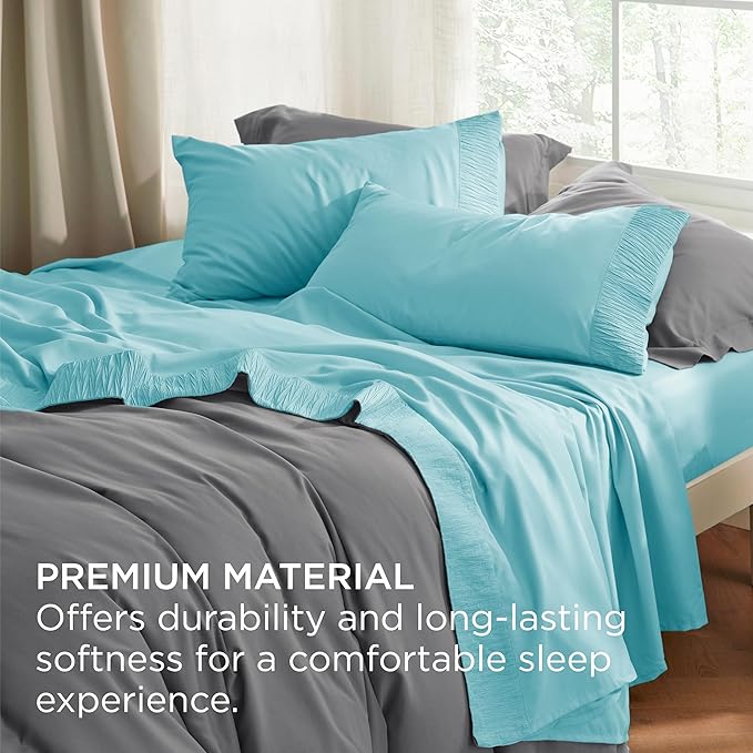 Bedsure Queen Sheet Set - 4 Pieces Soft Queen Size Sheets - Breathable & Cooling - Hotel Luxury - Easy Care Polyester Microfiber Bedding for Women, Men, Spa Blue