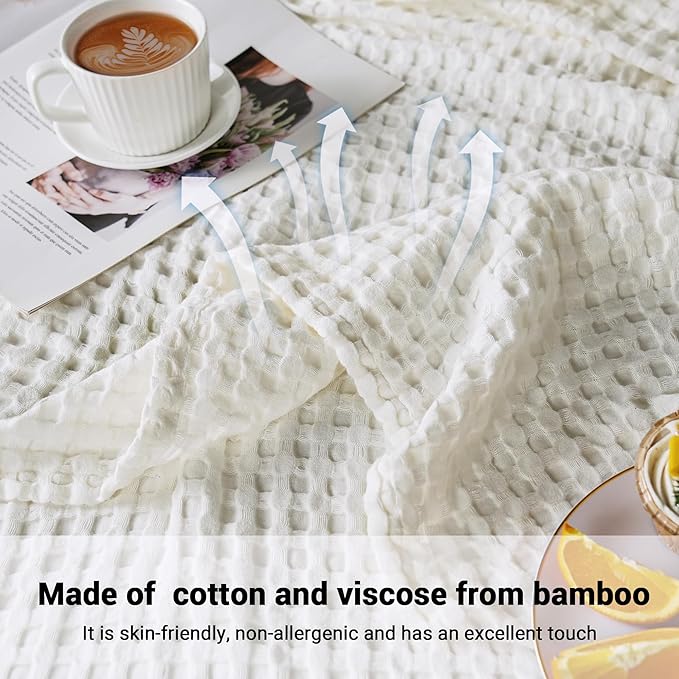 Aganear Waffle Blanket - Lightweight Breathable Summer Blanket of 50% Cotton and 50% Rayon Derived from Bamboo for Hot Sleepers Luxury Throws for Bed, Couch and Sofa,White,66x90 Inches