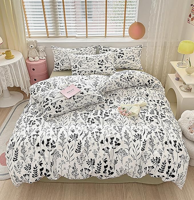 KAREVER Black Botanical Comforter Set Full White Black Floral Plant Bedding Comforter Set Girls Garden Pattern Printed on White Blanket Rustic Leaf Blossom Women White Farmhouse Comforter Full