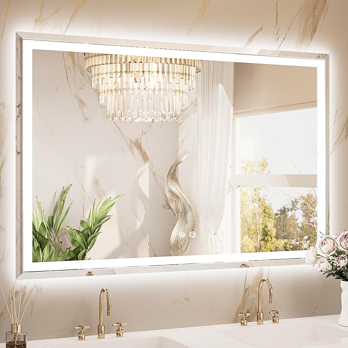TETOTE 55 x 36 Inch Led Lighted Mirror for Bathroom Wall, Extra-Bright Beveled Bathroom Vanity Frontlit & Backlit Frameless Mirror with 3-Color Lights, Defogging, Tempered Glass, Waterproof