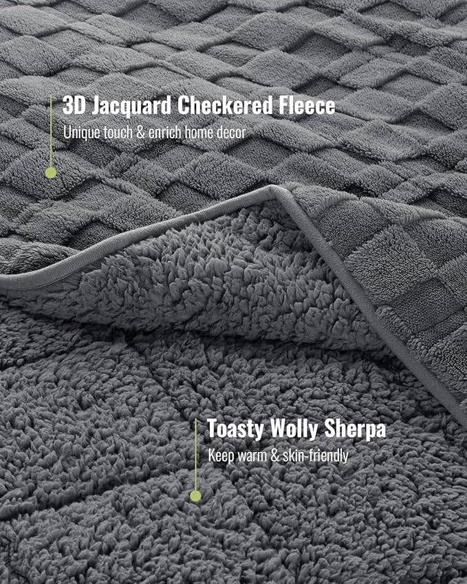 Uttermara Sherpa Fleece Weighted Blanket Full Size(15lbs, 48" x 72", Grey), 3D Jacquard Checkered Warm Sherpa Heavy Blanket for Adults, Soft Fuzzy Weighted Blankets for Couch Bed Sofa