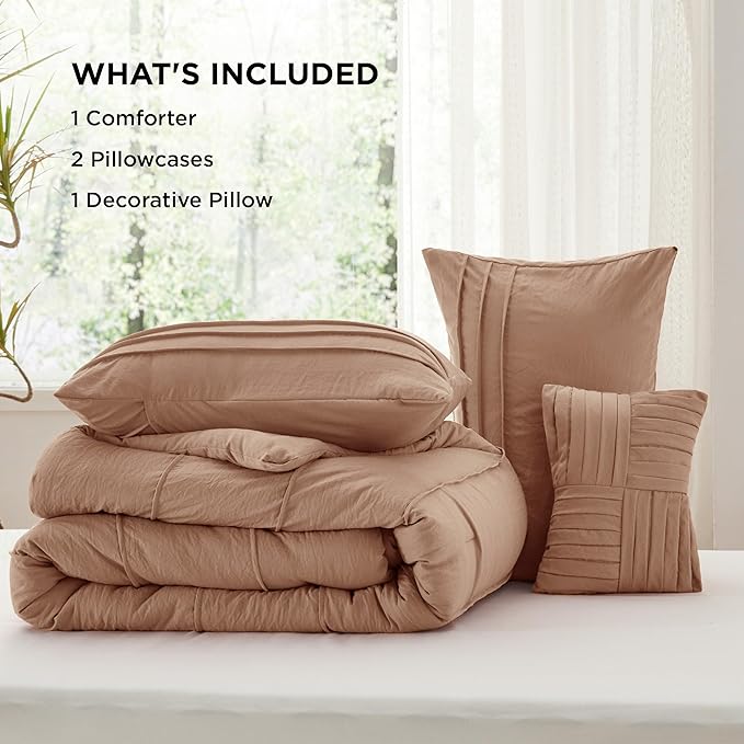Bedsure King Comforter Set - 4 Pieces Pinch Pleat Bed Set, Taupe Boho Bedding for All Season, 1 Soft Comforter, 2 Pillowcases, 1 Decorative Pillow
