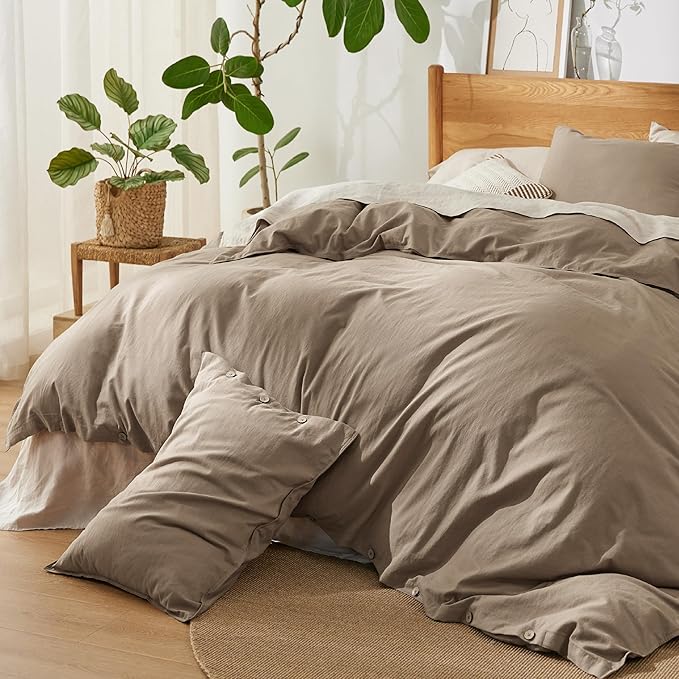 Bedsure Linen Duvet Cover King Size - Linen Cotton Blend Bedding Set, Soft & Cozy, 3 Pieces, 1 Duvet Cover 104x90 and 2 Pillowcases, Brown Color Cooling Bedding, Comforter Sold Separately