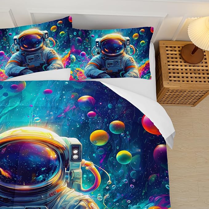 Kids Queen Size Comforter Sets Space Astronauts，Queen Size Astronaut Bedding Set，with 1 Comforter with 2 Pillow Case，Astronaut Bedroom Decor for Boys
