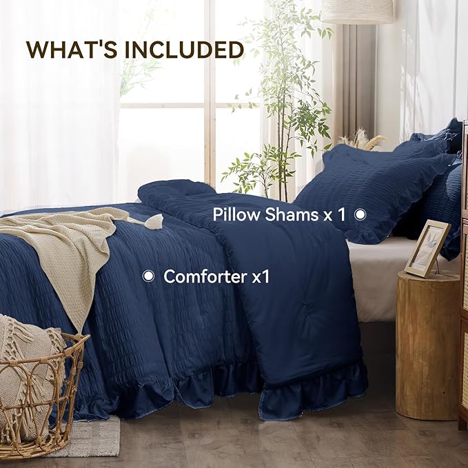 JOLLYVOGUE Navy Blue Twin Size Comforter Set, 2 Pieces Seersucker Lightweight Fluffy Bedding Set, Twin Ruffle Comforter, All Season Soft Microfiber Shabby Chic Bed Set