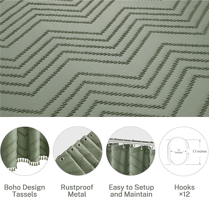 Sage Green Shower Curtain for Bathroom Boho Shower Curtain Cloth Textured Tufted Chevron Elegant Shower Curtains Waterproof for Bathroom 72" x 72"