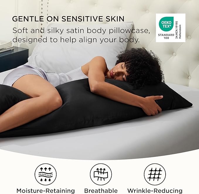 Bedsure Body Pillow Pillowcase - Cooling and Silky Long Body Pillow Covers with Envelope Closure, Satin Similar to Silk Pillowcase for Hair and Skin,Black,20x54 Inches